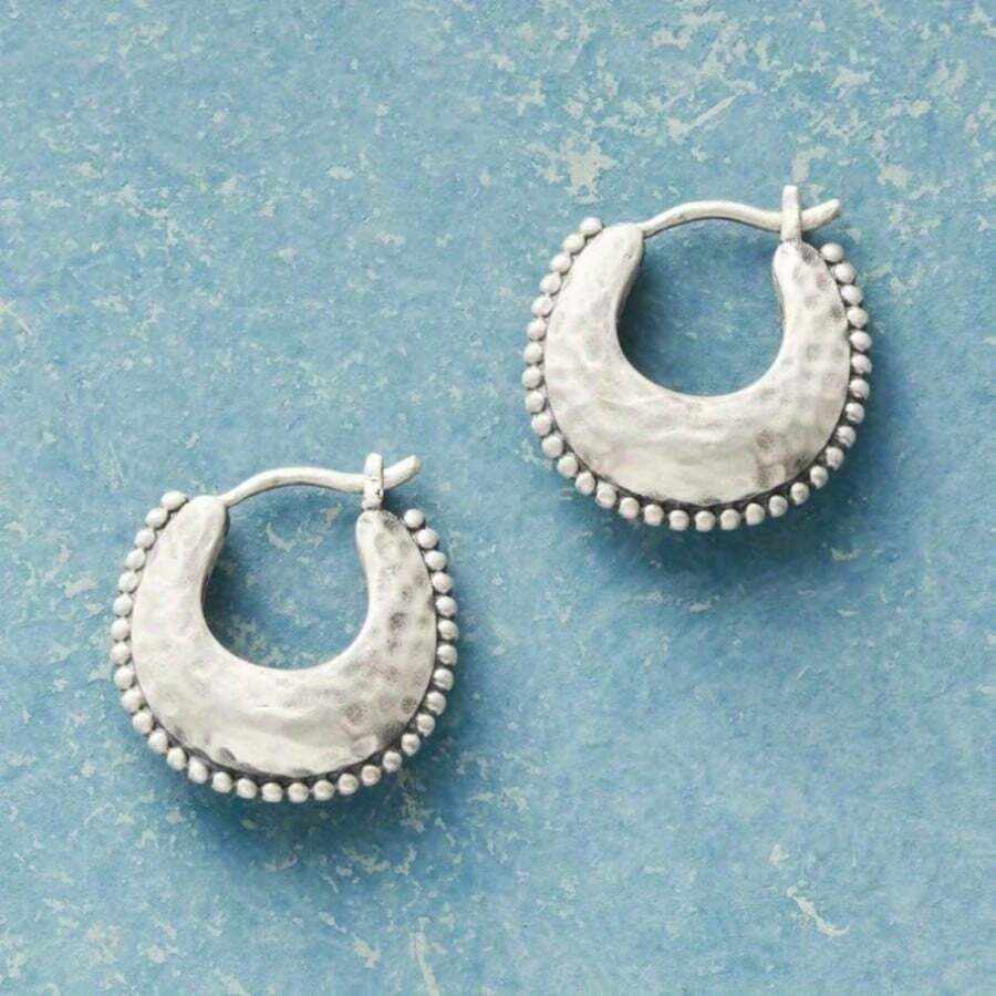 Crescent Moon Shaped Hammered Copper Bead Drop Earrings - Antique Silver - View 1