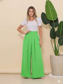 Women's Wide Leg High Waist Wide Leg Pants - Lime Green - View 6