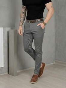 Men's Smart Casual Trousers, Premium Satin Fabric, Tailored Style, Welt Pockets - 灰色 - 查看 7