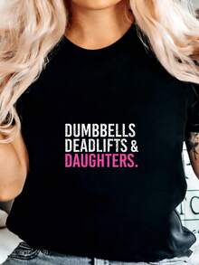 Camiseta De Manga Corta Casual De Verano Playera Para Hombres Estampadas Negro estampado texto motivacional fitness pesas y levantamiento para mujeres activas y madres deportistas estilo urbano motivación gimnasio - Negro - Ver 1