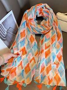 1pc Orange & Blue Rhombus Print Scarf, New Spring/Summer Women's Sunscreen Travel Fringed Shawl Wrap - Orange - View 3