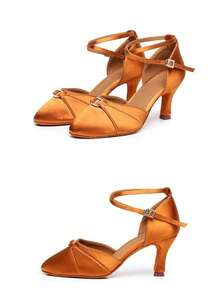 1 Pair Latin Dance High Heels, Rhinestone Silk Soft Bottom Low-Top Standard Cha Cha Rumba Training Performance Dance Shoes - Brown - View 4