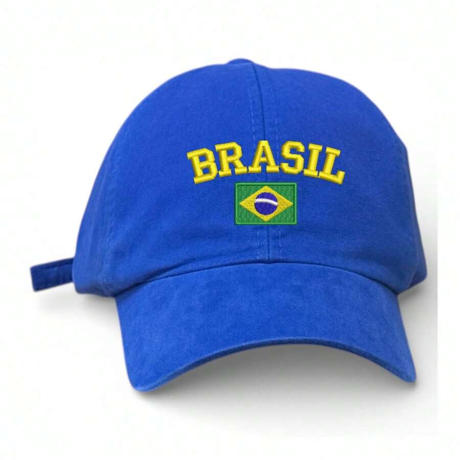Unisex Dad Hat In 100% Cotton Twill With Curved Brim, Custom Embroidered "BRAZIL" With Brazilian Flag - Màu xanh lam - Xem 1