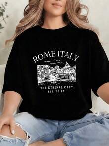 Tops Blusas Mujer Sexy Fiesta Elegante Ajustada Corto Algodón de alta calidad Playeras Ropa Dama negro estampado tipográfico paisaje urbano Roma Italia ciudad eterna ruinas clásicas letras blancas estilo turístico casual para fans de viajes historia cultura europea - Negro - Ver 1