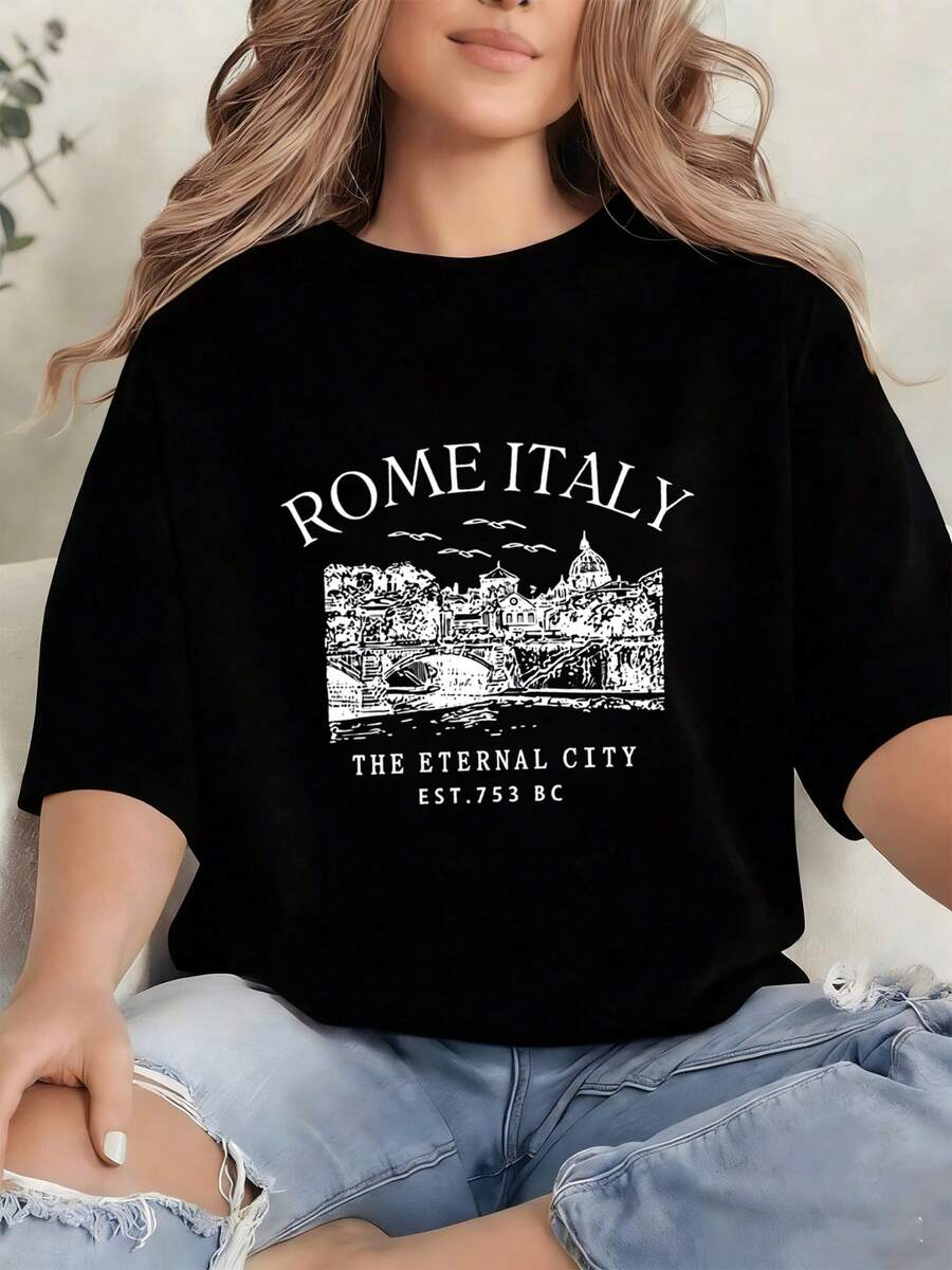 Tops Blusas Mujer Sexy Fiesta Elegante Ajustada Corto Algodón de alta calidad Playeras Ropa Dama negro estampado tipográfico paisaje urbano Roma Italia ciudad eterna ruinas clásicas letras blancas estilo turístico casual para fans de viajes historia cultura europea - Negro - Ver 1