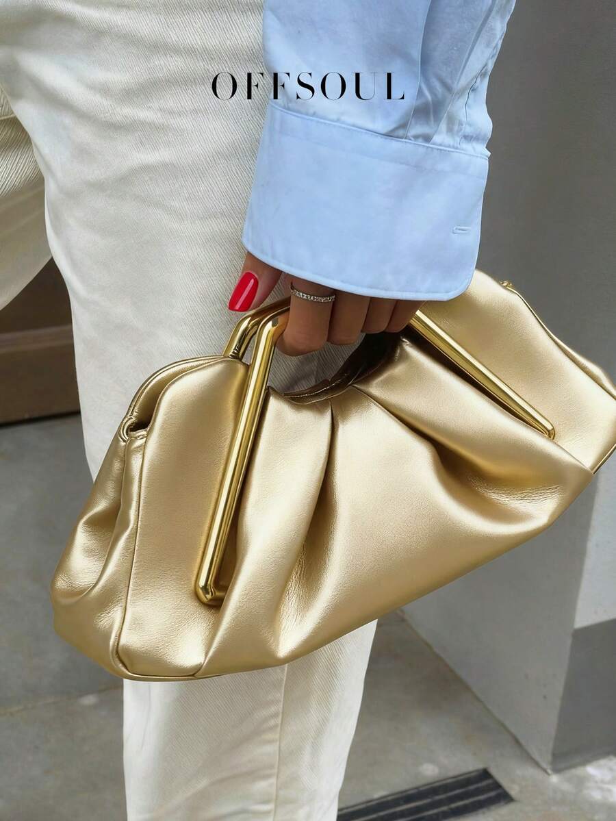 Vintage Asymmetrical Ruffle Cloud Clutch Bag, Unique Metal Hardware Handbag, High-End Retro Clutch Purse For Party, Banquet, Bags Ladies Elegant - 金色 - 查看 1
