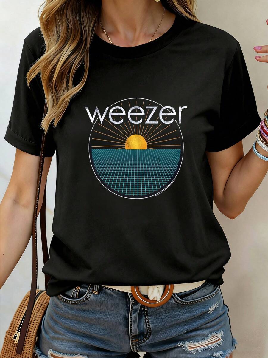 Camisetas Hombre Largas De Vestir Clasicas 100% Algodón Elegante Negro Estilo Retro Tema Weezer Elementos Sol Horizonte Gráfico Geometría Público Fanáticos Música Rock Alternativa Atmosfera Nostalgia Juventud Casual - Negro - Ver 1