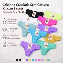 Kit com 5 Calcinhas Sem costura  canelada Tanga corte a Laser Não Marca na Roupa Confortavel - Multicolorido - Visão 7