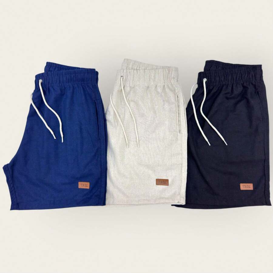 Kit 3 Short De Linho Premium Bermuda Mauricinho Masculino Casual Basico Confortavel Detalhe Etiqueta De Couro ( cores especificos ) - Azul Marinho - Visão 1