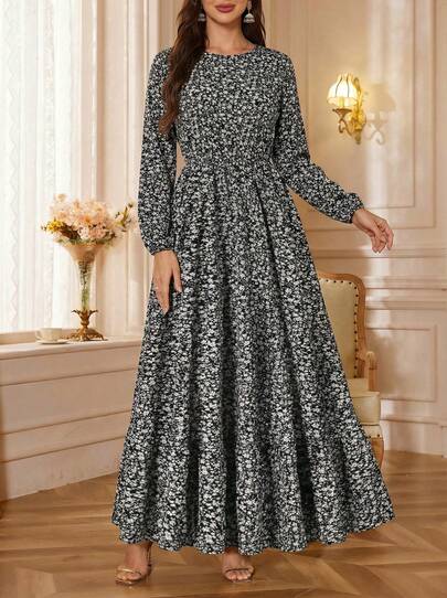 Solessence Vestido longo solto de manga comprida com estampa floral vintage 2025, elegante, adequado para uso casual, praia, festa, primavera/outono