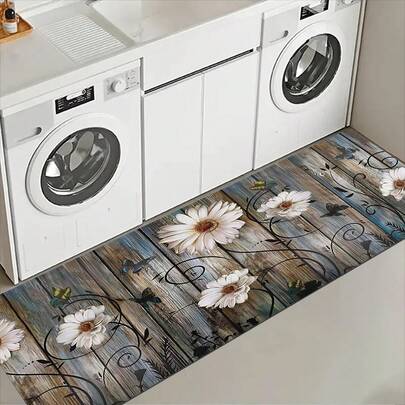 1pc Daisy Pattern Kitchen Floor Mat, Polyester Drainage Mat, Suitable For Kitchen, Living Room, Entrance, Balcony, Home Decor, Anti-Stain, Coffee Shop, Bar, Holiday, Party, Bedroom, Bathroom Decor