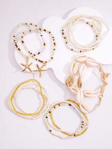 Bộ 14 chiếc vòng chân nhiều lớp kiểu Bohemian màu vàng hình ngôi sao và vỏ sò, phụ kiện trang sức thanh lịch cho bãi biển và sử dụng hàng ngày. - Màu be - Xem 3