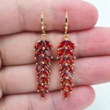 Shiny Red Cubic Zirconia Gold-Tone Luxury Red Leaf Wedding Jewelry Earrings For Women - Gold - View 1