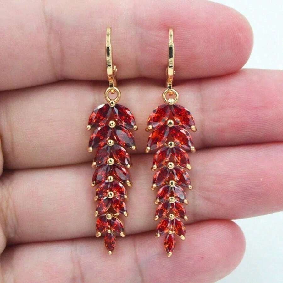 Shiny Red Cubic Zirconia Gold-Tone Luxury Red Leaf Wedding Jewelry Earrings For Women - Gold - View 1