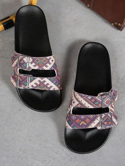Men's Adjustable Double Buckle Slide Sandals, Vintage Boho Geometric Print Non-Slip Soft Sole Casual Slippers For Indoor Outdoor Summer