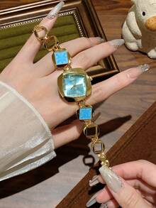 1pc Women's Gold Alloy Asymmetrical Bracelet Watch, Fashion Arabic Numeral Dial, Quartz Movement, Adjustable Strap, Suitable For Daily Decoration And Holiday Gifts - 藍色 - 查看 6