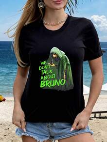 camisetas para mujer Cuello Redondo Holgada divertidas playeras casuales de mujer Negro Estampado Grafico Pelicula Encanto Personaje Bruno Madrigal Con Rata En La Mano Texto We Dont Talk About Bruno Tipografia Verde Regalo Ideal Fans - Negro - Ver 1