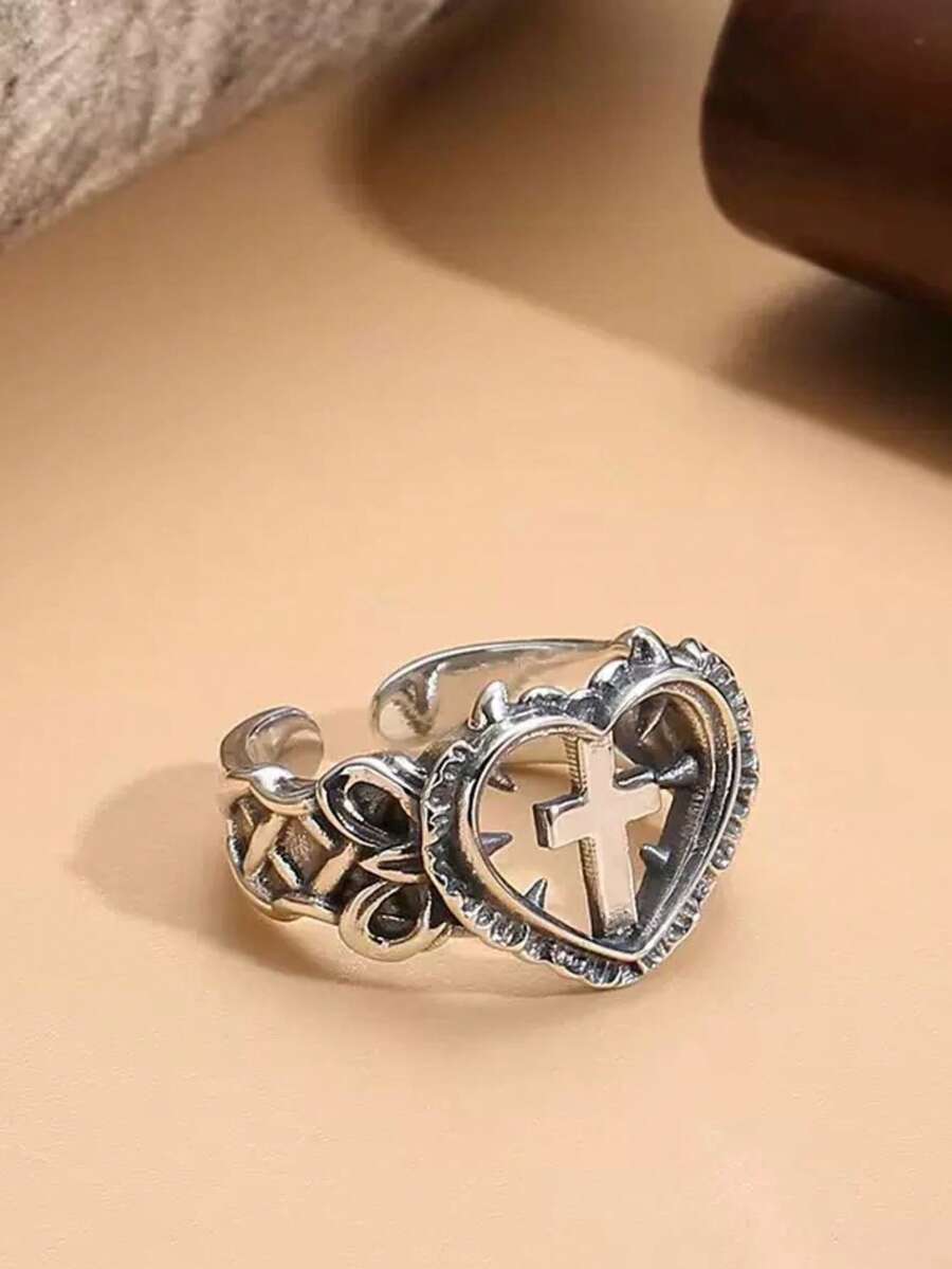 Punk Style Hollow Heart Cross Ring, Personalized Fashion Index Finger Ring, Minimalist Open Band - Antique Silver - View 1