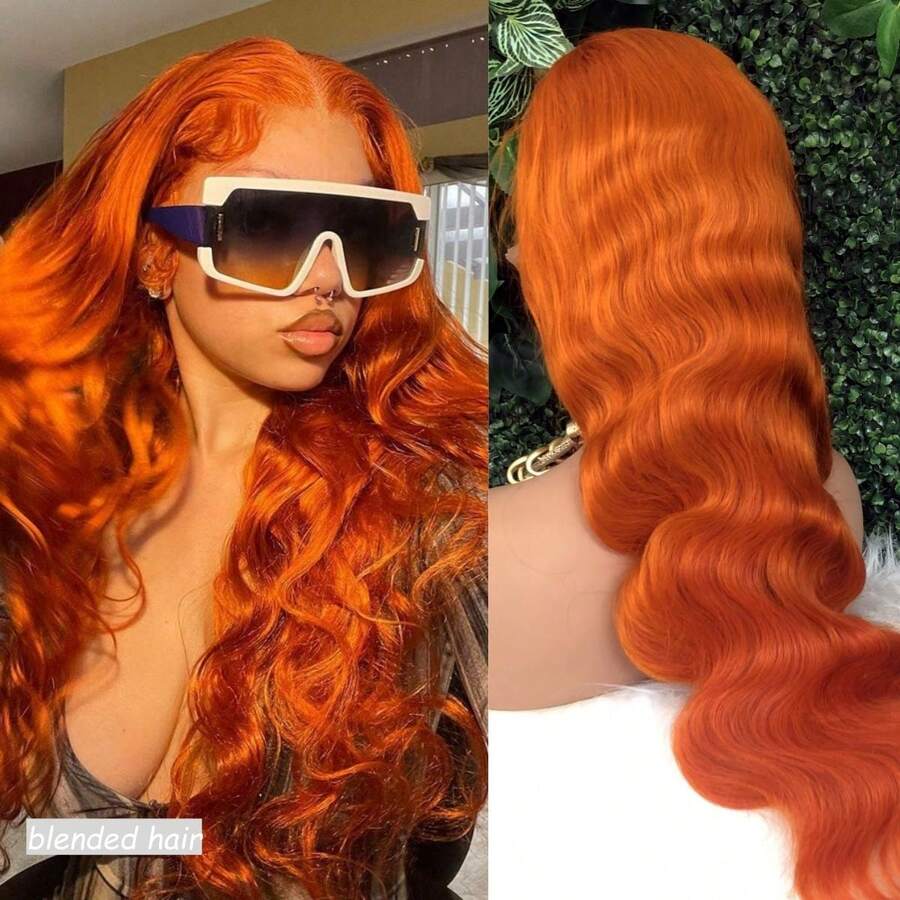 28 Inch Human Blended Hair Wig Body Wave Lace Front Wigs 180% Density 13x4 Pre Plucked HD Front Lace Wig Natural Hairline With Baby Hair Glueless Wigs For Women Ginger Orange 350 - S350 - View 1