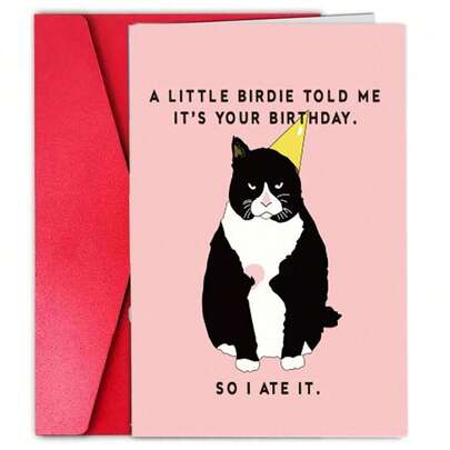 1Pc Funny Birthday Card - A Little Birdie Told Me It's Your Birthday So I Ate It - Greeting Cards For Cat Owner - Gift For Men Women Him Her Friend