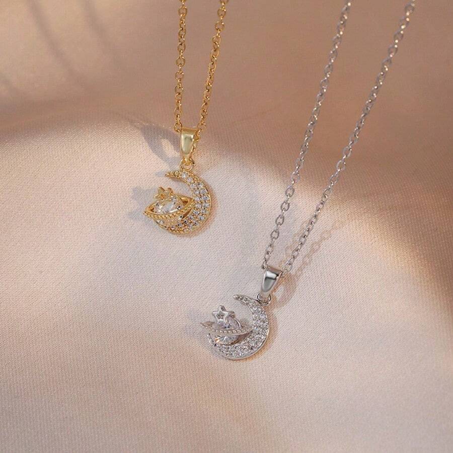 Dây chuyền hình ngôi sao và mặt trăng bằng thép titan mạ vàng đính đá Cubic Zirconia, trang sức sang trọng, phù hợp cho đám cưới, dịp lãng mạn và đeo hàng ngày. - Nhiều màu - Xem 1