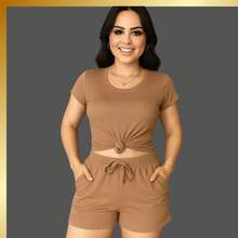 Women's Casual Party Set, Elegant And Sensual, Knitted Fabric, Crossed Knot, Faux Pockets, Faux Drawstring, Comfortable, Beach, Vacation, Night Out, Home, Office, Sports, Summer, Winter - 卡布奇諾 - 查看 1
