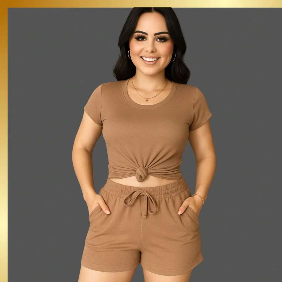 Women's Casual Party Set, Elegant And Sensual, Knitted Fabric, Crossed Knot, Faux Pockets, Faux Drawstring, Comfortable, Beach, Vacation, Night Out, Home, Office, Sports, Summer, Winter - 卡布奇諾 - 查看 1