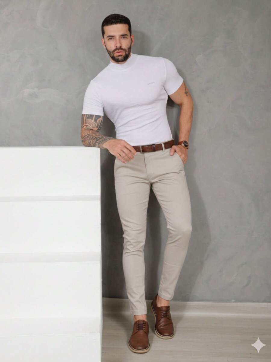 Men's Smart Casual Trousers, Premium Satin Fabric, Tailored Style, Welt Pockets - 淺米色 - 查看 1