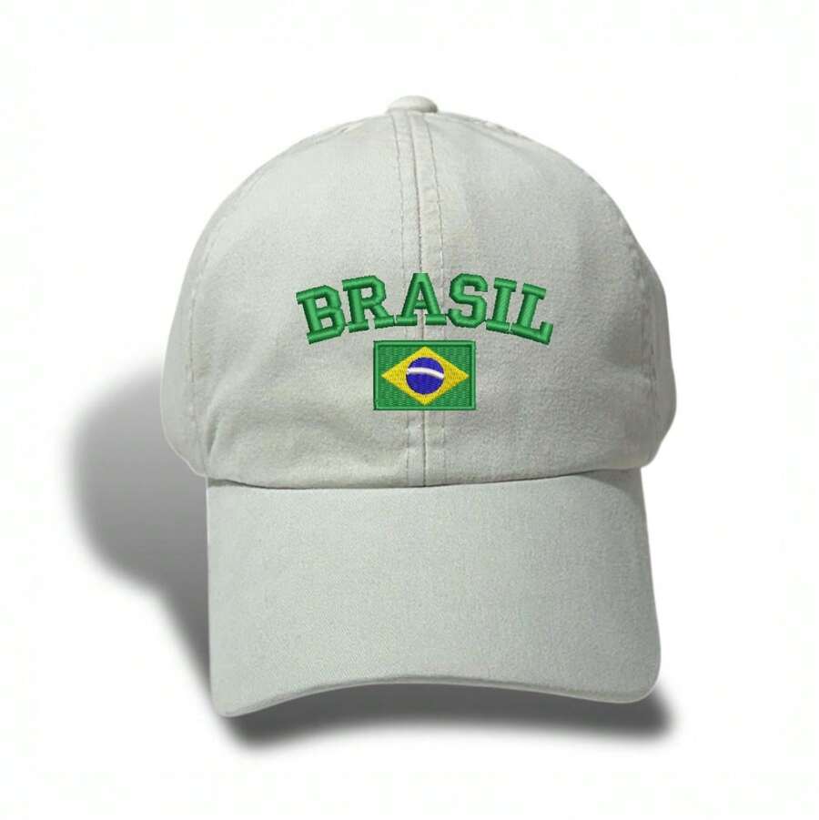 Unisex Dad Hat In 100% Cotton Twill With Curved Brim, Custom Embroidered "BRAZIL" With Brazilian Flag - 淺米色 - 查看 1
