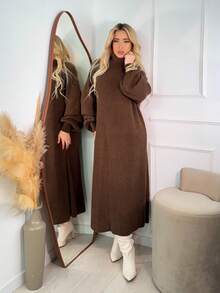 Women's Brown Winter Dress, Long Sleeve, Premium Mousse Knit, High Neck, Puff Sleeves, Flanged Stitch Detail, Elegant Women's Dresses, Casual Chic Fashion For Evening, Comfortable Fit, Modern Design, Autumn/Winter - 土棕色 - 查看 3