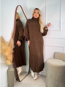 Women's Brown Winter Dress, Long Sleeve, Premium Mousse Knit, High Neck, Puff Sleeves, Flanged Stitch Detail, Elegant Women's Dresses, Casual Chic Fashion For Evening, Comfortable Fit, Modern Design, Autumn/Winter - 土棕色 - 查看 2
