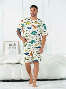 加大码男士睡衣套装 | 圆领短袖上衣和松紧腰休闲短裤两件套 | 涤纶针织面料，柔软透气，宽松版型 | 卡通恐龙世界系列印花休闲设计 - 香檳色 - 查看 7