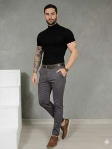 Men's Smart Casual Trousers, Premium Satin Fabric, Tailored Style, Welt Pockets - 深灰色 - 查看 3