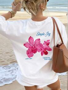 This Colorful Letter & Floral Print Round Neck T-Shirt For Women Is Fashionable And Versatile. Graphic Tee, White Top, Pink Top, Suitable For Vacation Wear. - White - View 1