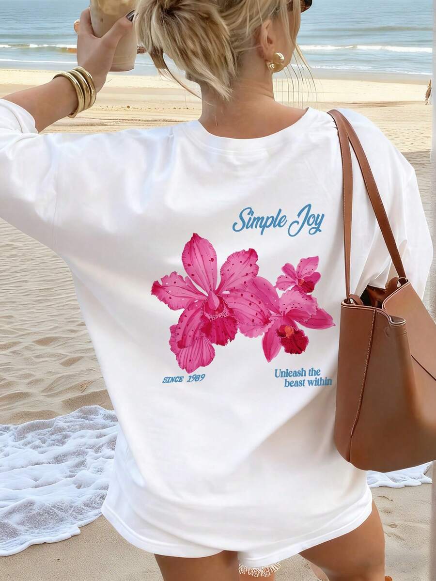 This Colorful Letter & Floral Print Round Neck T-Shirt For Women Is Fashionable And Versatile. Graphic Tee, White Top, Pink Top, Suitable For Vacation Wear. - White - View 1