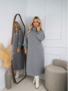 Women's Gray Melange Winter Dress, Long Sleeves, Premium Mousse Knit, High Neck, Puff Sleeves, Flanged Stitch Detail, Elegant Women's Dresses, Casual Chic Fashion For Evening, Comfortable Fit, Modern Design, Autumn/Winter - Heather Gray - Xem 2