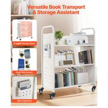 Bücherwagen, 150kg Tragkraft, Bibliothekswagen, 97x51,5x122,5cm, Doppelseitiges W-förmiges Bücherregal mit Doppelbremsrollen, Bücherregalwagen für Wohnzimmer, Büro, Schule, Weiß - W-förmig, weiß, 330 lbs, dreilagig, groß - Übersicht 2