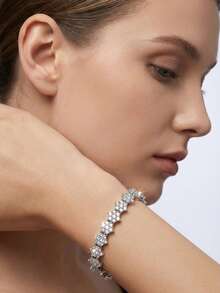 1 Set Luxury Elegant Cubic Zirconia Inlaid Hexagram Design Bracelet, Suitable For Women's Wedding & Party Wear, Excluding Gift Box - Silver - View 9