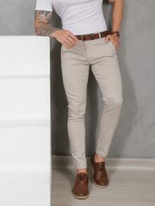 Men's Smart Casual Trousers, Premium Satin Fabric, Tailored Style, Welt Pockets - 淺米色 - 查看 6