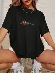 Blusas Tops Mujer Dama Juvenil Bonitas Casual Manga Corta Algodón de alta calidad Playeras Ropa Negro estilo minimalista tema naturaleza montañas sol puesta público aventurero activo explorar aire libre conectividad emocional simplicidad estético relajante diseño moderno casual - Negro - Ver 1