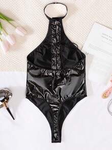 PU Leather Sexy Bodysuit With Straps And Open Crotch, Suitable For Home, Nightclub, Motorcycle Riding And Sleepwear, Rave - Black - View 10