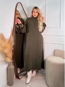 Women's Olive Green Winter Dress, Long Sleeve, Premium Mousse Knit, High Neck, Puff Sleeves, Flanged Stitch Detail, Elegant Women's Dresses, Casual Chic Fashion For Evening, Comfortable Fit, Modern Design, Autumn/Winter - 橄欖綠 - 查看 2