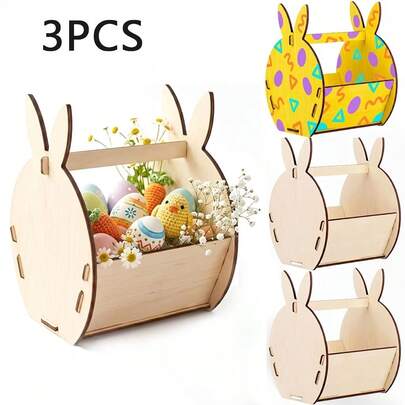 3 piezas Canasta de huevos de conejo de Pascua de madera regenerada - Huevos de madera pintables y canasta aptos para decoraciones de fiesta de Pascua, manualidades hechas a mano para , cumpleaños, boda, centro de mesa estilo Cottagecore (Pintura no incluida)