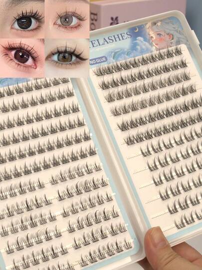 240簇4款自然自粘假睫毛 - 混合长度CC卷翘睫毛，包含向日葵、三部曲和山茶花风格猫眼假睫毛，外观凌乱，无需胶水