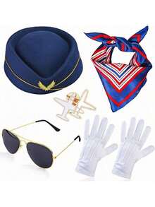 5pcs/Set Holiday Themed Flight Attendant Hat, Scarf, Brooch, Gloves, Glasses, Cabin Crew Cosplay Accessories, Stewardess Outfit Attire - Multicolor - View 2
