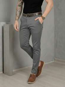 Men's Smart Casual Trousers, Premium Satin Fabric, Tailored Style, Welt Pockets - 灰色 - 查看 8