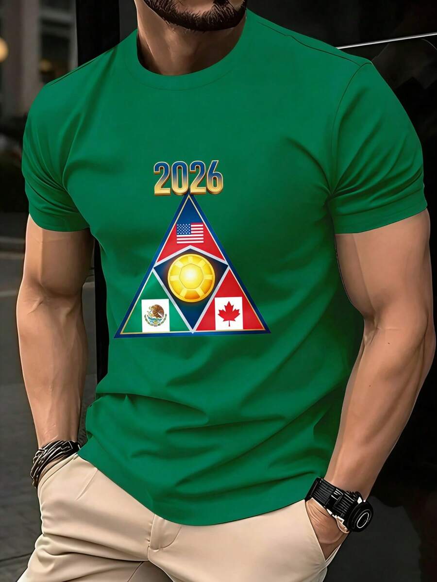 Men's Soft Cotton T-Shirt With 2026 World Cup Design (USA, Mexico, Canada), Ideal For Soccer Fans And Travelers, Perfect Gift For Soccer Lovers, Men's Christmas Costume, Lightweight And Breathable Short Sleeve Summer T-Shirt - 綠色的 - 查看 1