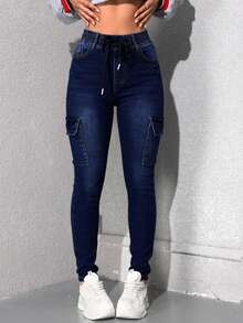 Jeans Ajustados de Cargo de Alta Elasticidad de Color Gris Desgastado / Azul Oscuro para Mujer, Pantalones que Levantan las Nalgas y Adelgazan las Piernas - Azul - Ver 1
