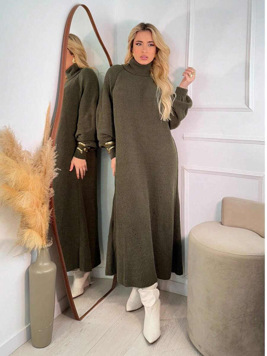 Women's Olive Green Winter Dress, Long Sleeve, Premium Mousse Knit, High Neck, Puff Sleeves, Flanged Stitch Detail, Elegant Women's Dresses, Casual Chic Fashion For Evening, Comfortable Fit, Modern Design, Autumn/Winter - 橄欖綠 - 查看 1