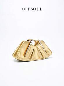 Vintage Asymmetrical Ruffle Cloud Clutch Bag, Unique Metal Hardware Handbag, High-End Retro Clutch Purse For Party, Banquet, Bags Ladies Elegant - 金色 - 查看 3